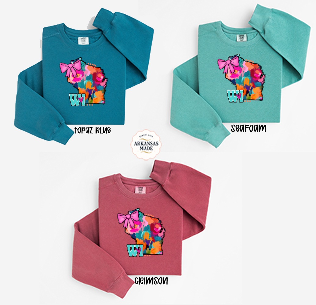 Wisconsin State Sweatshirt, WI Heart Sweatshirt, Floral WI Sweatshirt, Cute Bow, Wisconsin Pride Sweatshirt, Gift for Wisconsinite - Image 2