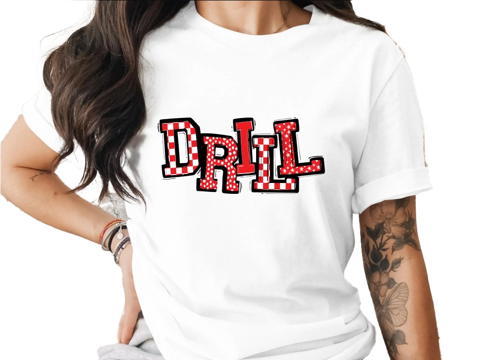 Drill T-Shirt, Unique Design, Trendy Tee, Stylish Shirt, Gift Idea, Fashion T Shirt, Comfortable T Shirt, Red and White Letters, Party Wear