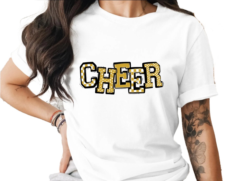 Cheer T-Shirt, Gold Cheerleader Shirt, Cheerleading Tee, Game Day Shirt, Spirit Wear, Cheer Mom Shirt, Sport T Shirt, Cheer Squad Shirt