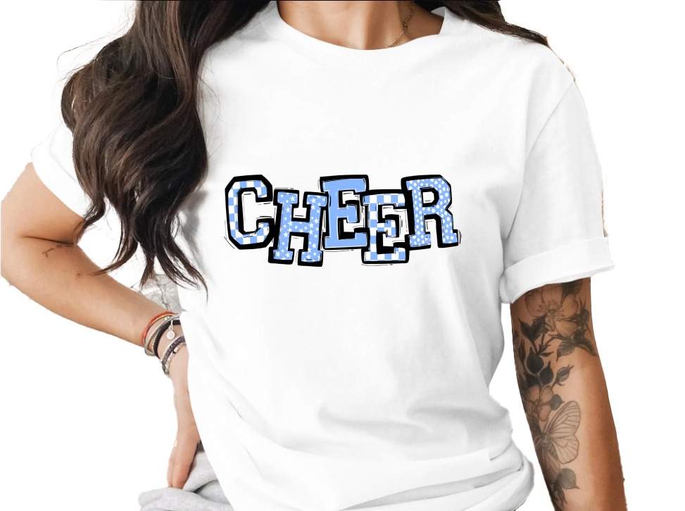 Cheer T-Shirt, Spirit Wear Tee, Blue and White Cheerleading Design, Cute Cheerleader Gift, Game Day Shirt, School Pride Apparel