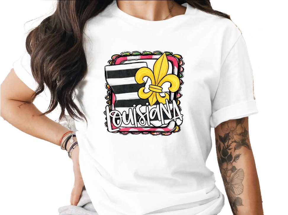 Louisiana Map With Fleur-De-Lis Design Graphic T-Shirt