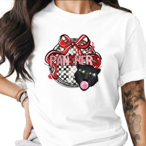 Panthers T-Shirt, Retro Black Cat Tee, Heart Sunglasses, Bubble Gum, Red Bow, Checkered Design, Valentine T-Shirt, Trendy Shirt