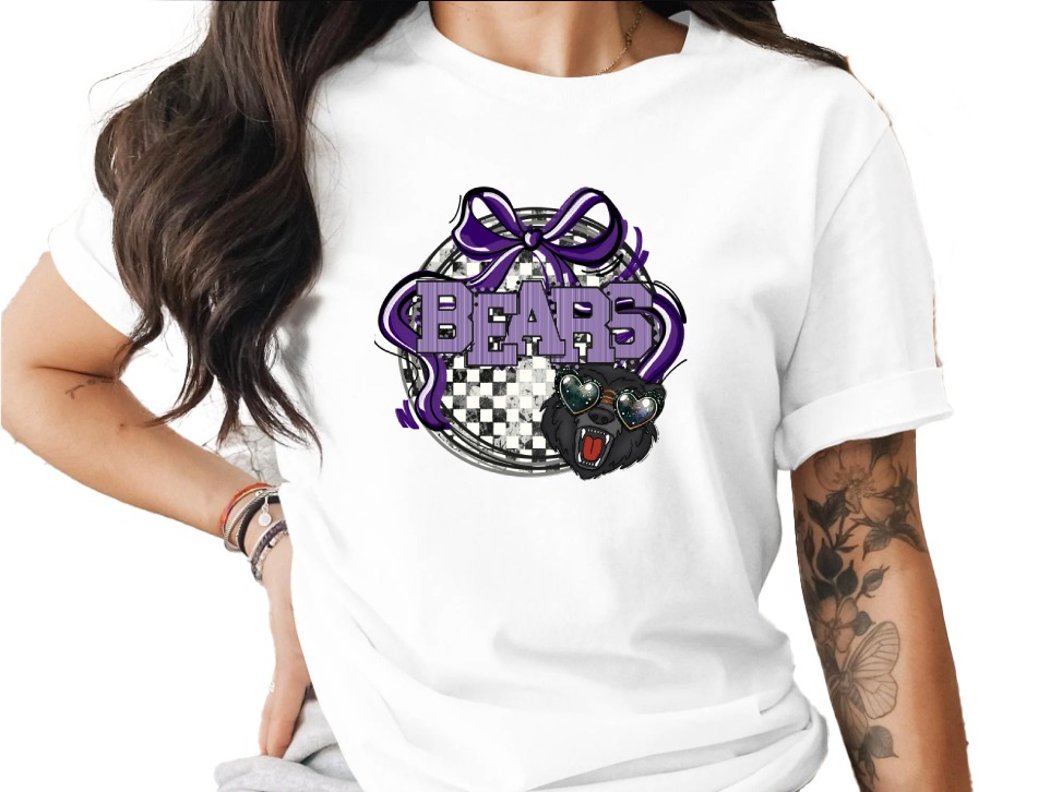 Cute Bears T Shirt, Heart Sunglasses Bear Tee, Trendy Purple Bow Shirt, Animal Lover Gift, Checkerboard Pattern, Statement Shirt