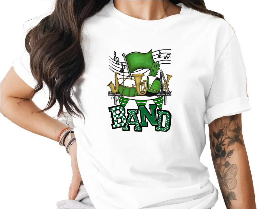 Band T-Shirt, Musical Instruments Tee, Marching Band Shirt, Music Lover Gift, Band Geek Apparel, St Patrick's Day T-Shirt, Green Band Tee