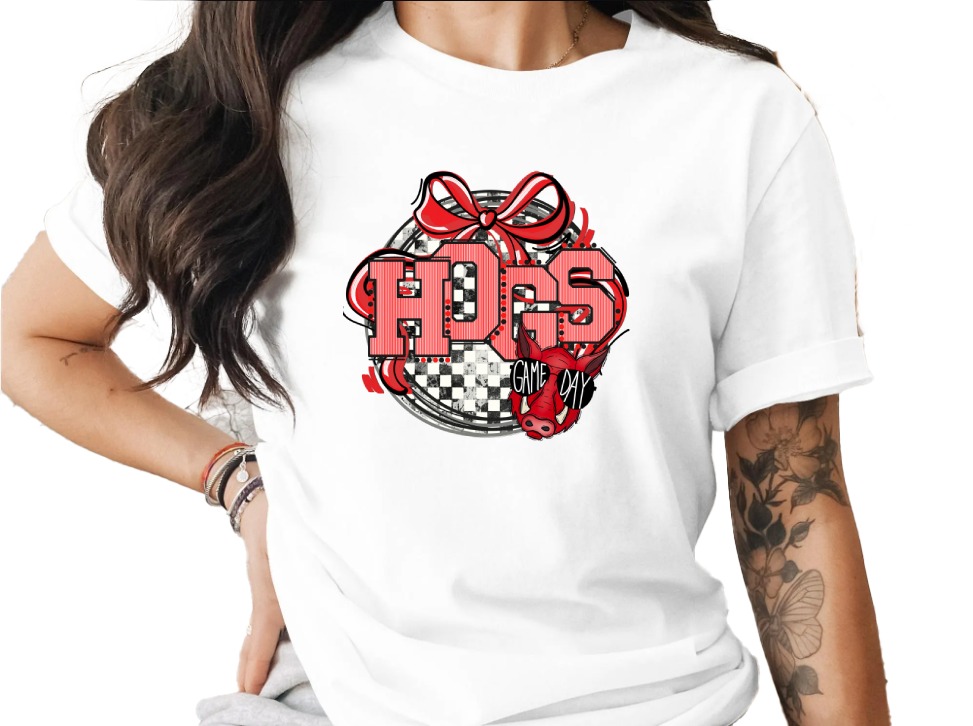 Hogs Game Day T-Shirt, Sporting Event Tee, Animal Lover Graphic Shirt, Cute Hog Fan Tee, Red Bow, Hog Gift, Team Spirit T Shirt, Game Day