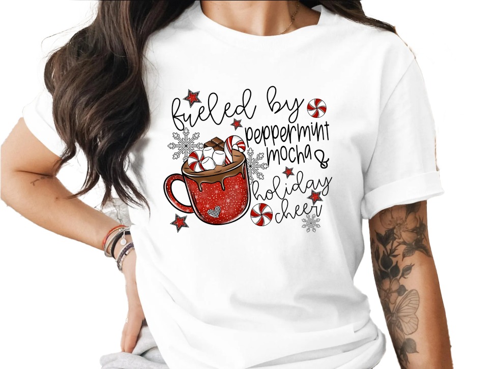 Fueled by Peppermint Mocha T-Shirt, Holiday Cheer Shirt, Christmas T-Shirt, Festive T-Shirt, Winter T-Shirt, Gift for Her, Coffee Lover