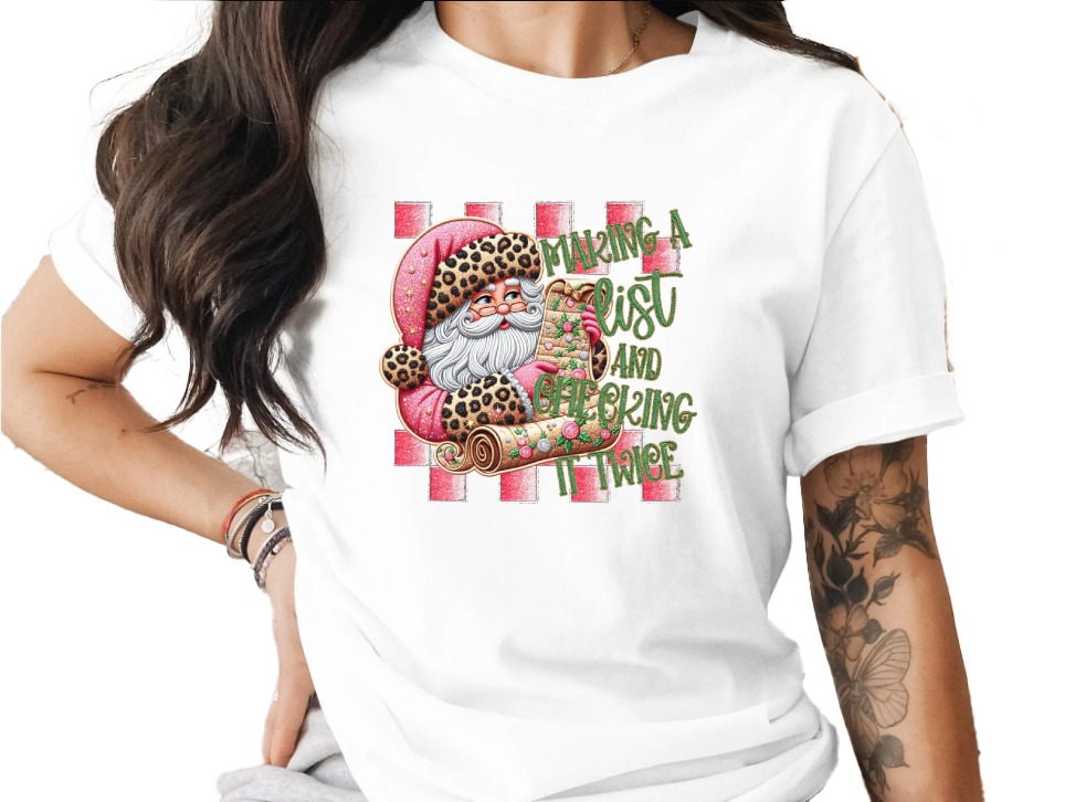 Santa Leopard Print T-Shirt, Making a List TShirt, Checking It Twice Shirt, Christmas Tee, Holiday Graphic Tee, Funny Xmas Shirt