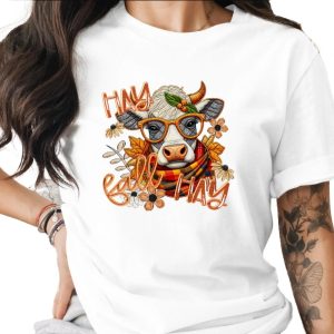 Fall Hay Cow T-Shirt, Autumn Farm Tee, Cute Animal Shirt, Floral Cow Lover Gift, Thanksgiving Shirt, Unique Fall Design, Trendy Cow Shirt