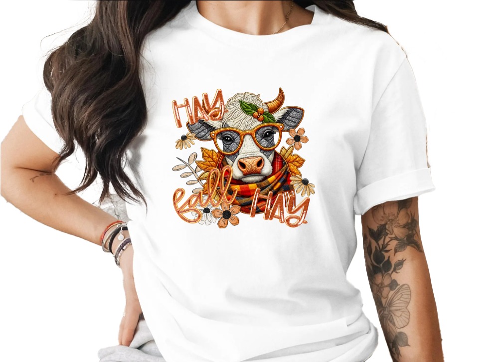 Fall Hay Cow T-Shirt, Autumn Farm Tee, Cute Animal Shirt, Floral Cow Lover Gift, Thanksgiving Shirt, Unique Fall Design, Trendy Cow Shirt