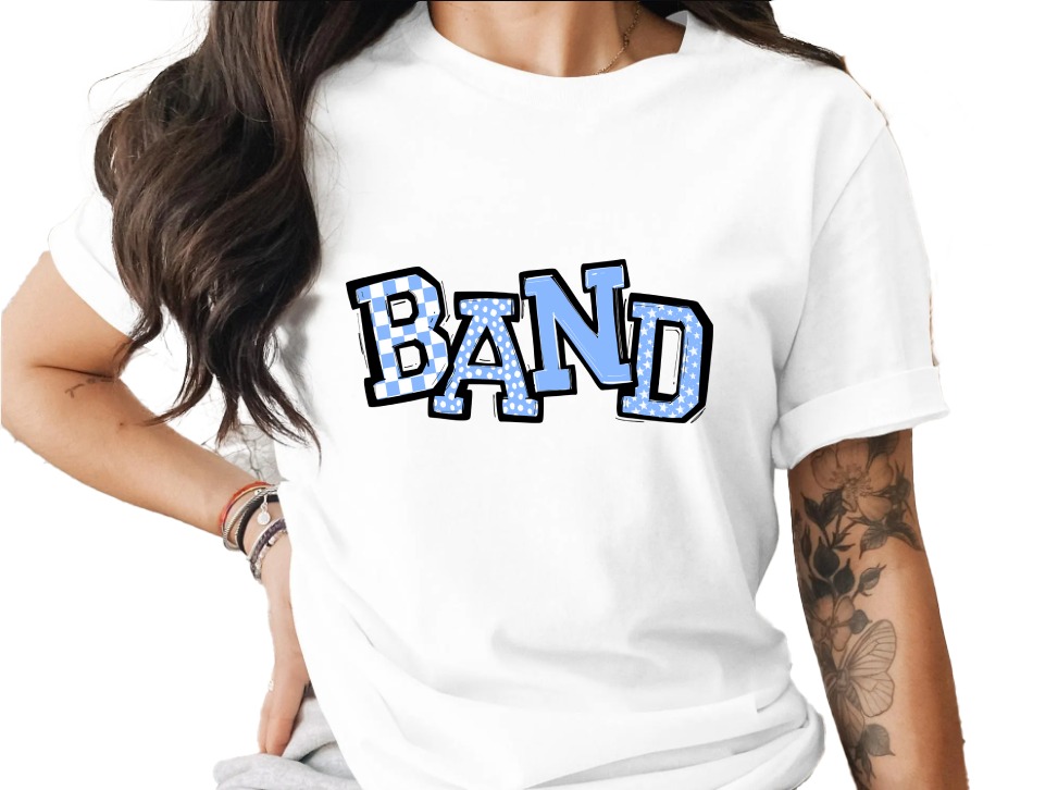 Band T-Shirt, Blue Checkered, Polka Dot and Star Design, Graphic Tee, Band Mom Shirt, Unique T-Shirt Gift, Trendy T-Shirt