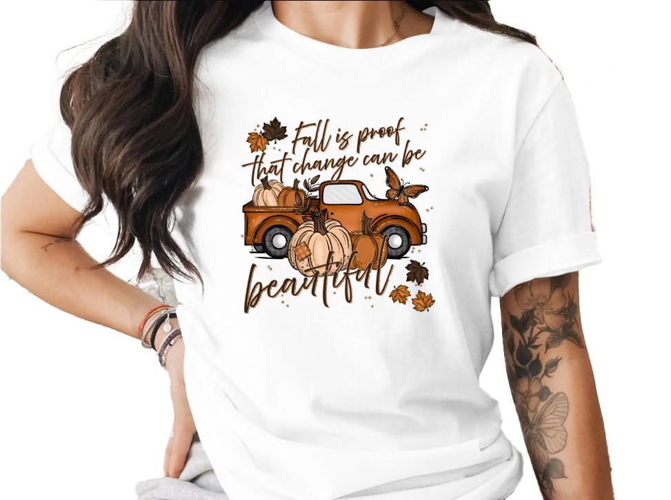 Fall Truck T-Shirt, Change is Beautiful Tee, Autumn Pumpkins Shirt, Butterfly Graphic, Harvest Season Top, Trendy Fall Shirt