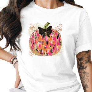 Colorful Pumpkin T-Shirt, Halloween Tee, Fall T-Shirt, Bow Pumpkin Shirt, Autumn T-Shirt, Spooky Season T Shirt, Trendy T-Shirt