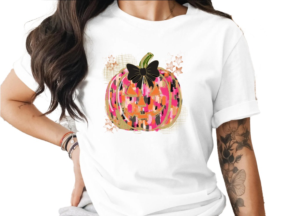 Colorful Pumpkin T-Shirt, Halloween Tee, Fall T-Shirt, Bow Pumpkin Shirt, Autumn T-Shirt, Spooky Season T Shirt, Trendy T-Shirt