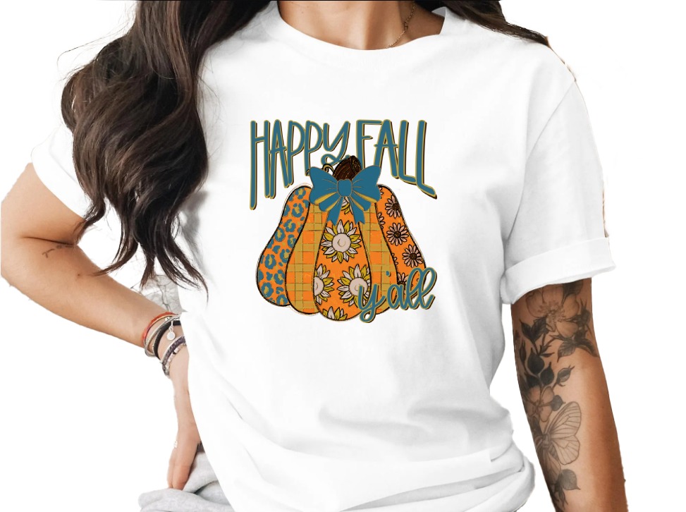 Happy Fall Yall T-Shirt, Fall Pumpkin Shirt, Autumn Graphic Tee, Thanksgiving Tee, Cute Fall Shirt, Leopard Pumpkin T-Shirt