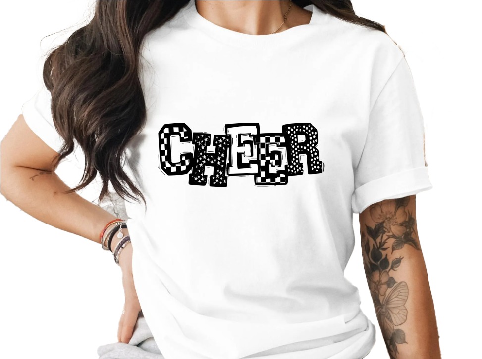 Cheer T Shirt, Cheerleader Shirt, Patterned Cheer Tee, Gift for Cheerleader, Game Day Shirt, Sports T-Shirt, Cheer Leading Team T Shirt