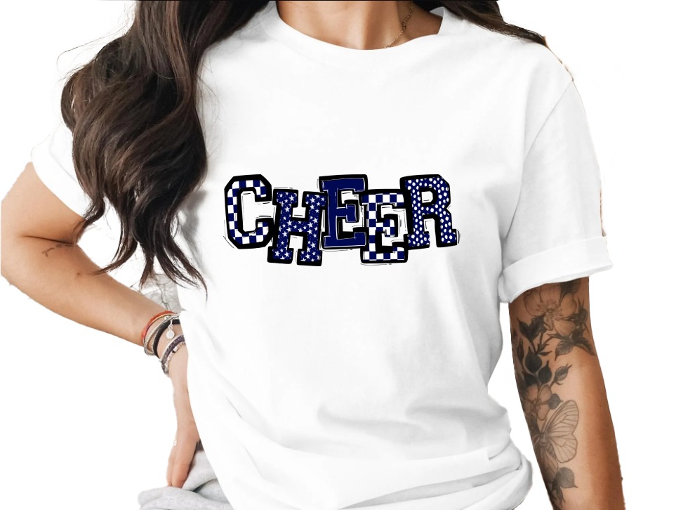 Cheer T-Shirt, Cheerleading Shirt, Spirit Wear, Team Cheer Tee, Game Day Shirt, Cheerleader Gift, Blue and White Cheer Design, Sports Tee