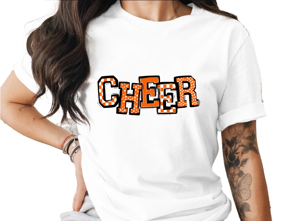 Cheer T Shirt, Orange and White Cheerleading Tee, Game Day Shirt, Cheerleader Gift, Spirit Wear, School Event Tee, Stylish Cheer Shirt