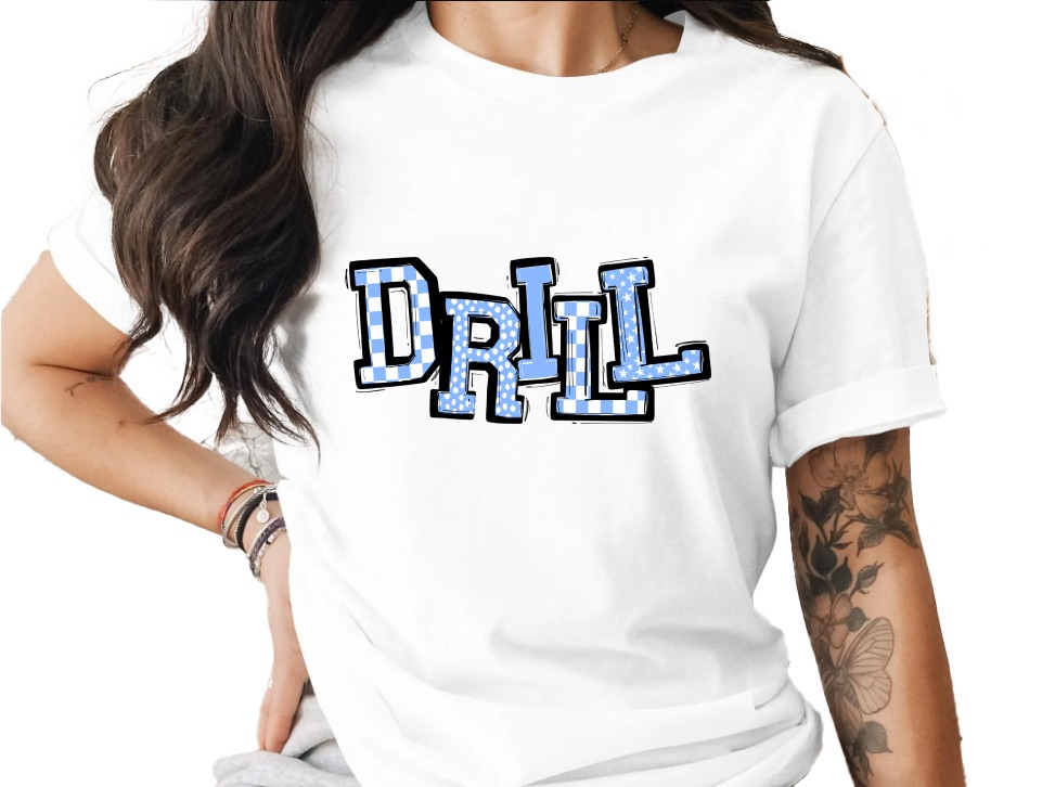 Drill T-Shirt, Varsity Design, Cute Graphic Tee, Trending Now, Unique T Shirt, Blue and White, Fun Apparel, Casual Wear, Best Seller