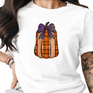 Plaid Pumpkin Sublimation DTF Digital Download PNG, Autumn Farmhouse Rustic Fall Design, Purple Bow Halloween Clipart, Printable Graphic