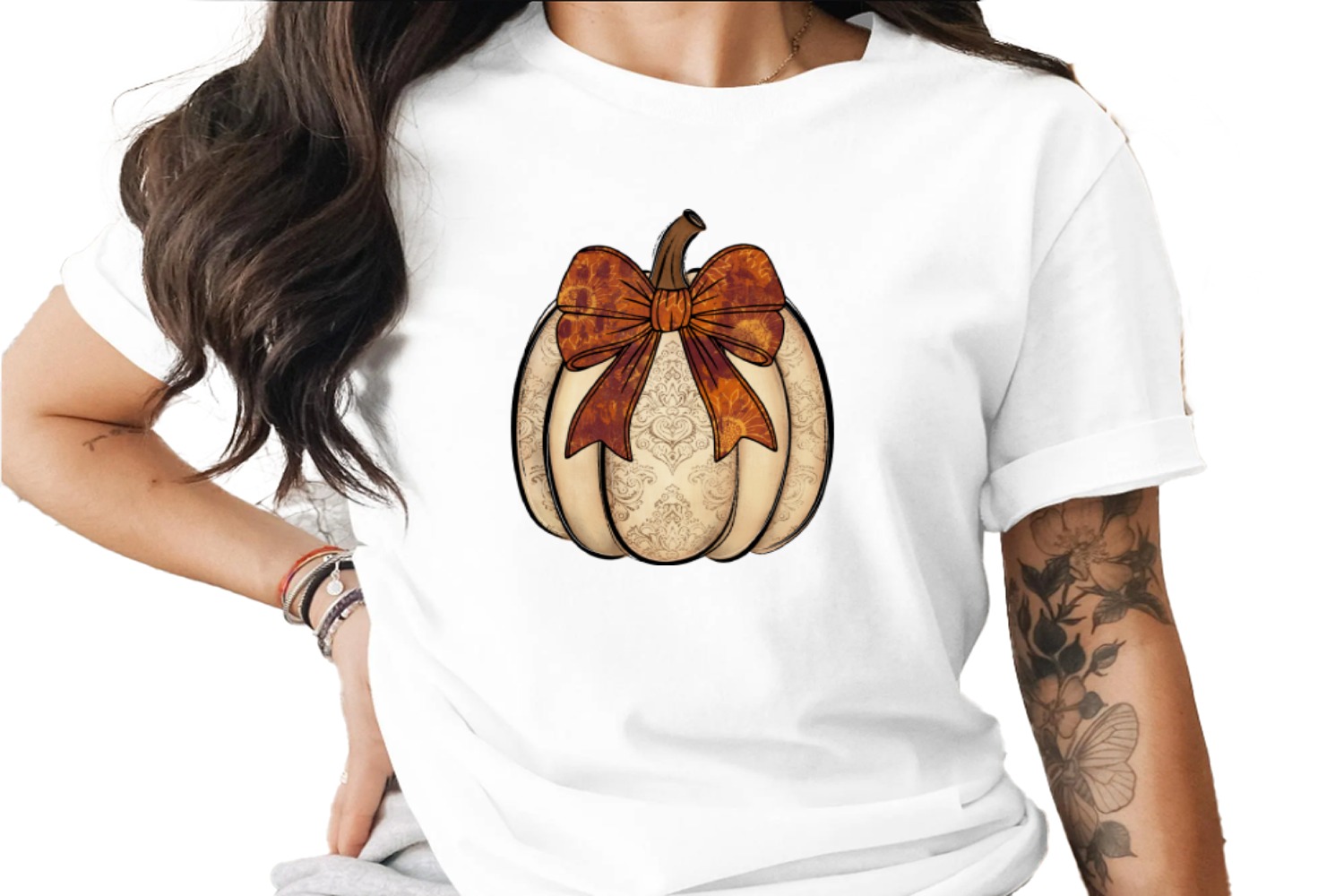 Rustic White Pumpkin Sublimation DTF Digital Download PNG, Fall Damask Sunflower Bow Autumn Thanksgiving Harvest Clipart