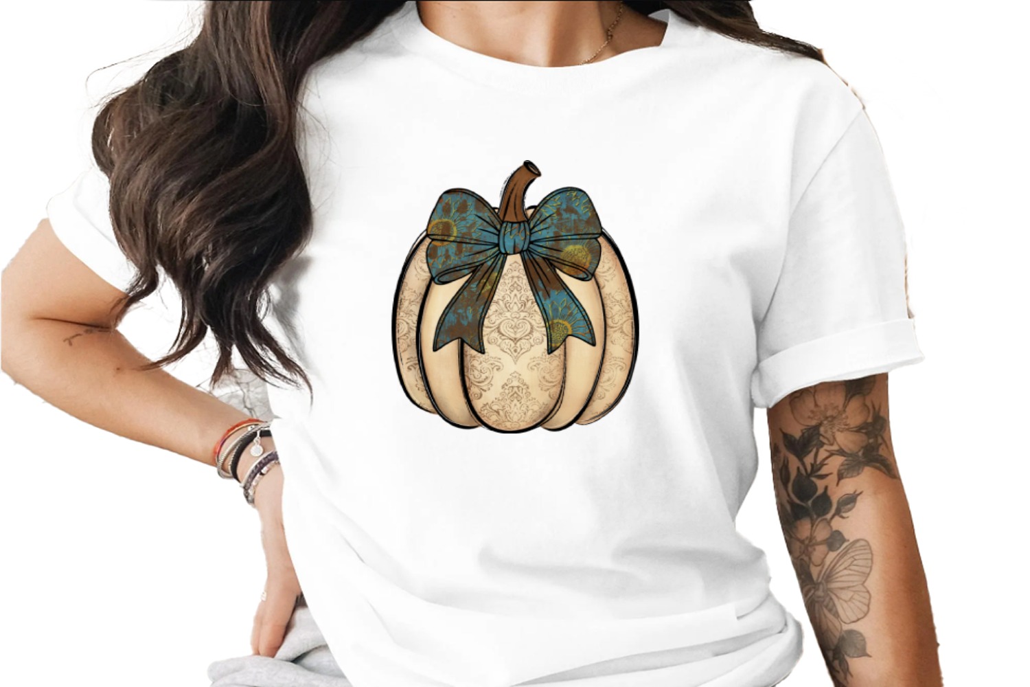 Distressed Pumpkin Sublimation DTF Digital Download PNG, Rustic Vintage Fall Harvest Design, Teal Sunflower Bow Autumn Art