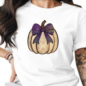 Vintage Damask Pumpkin with Purple Bow Sublimation DTF Digital Download PNG, Fall Autumn Harvest Halloween Graphic, Rustic Elegant Art.