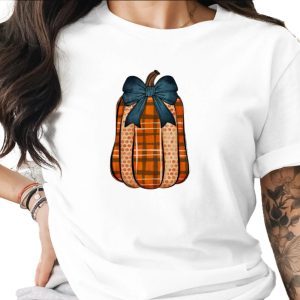 Cozy Plaid Pumpkin Sublimation DTF Digital Download PNG, Autumn Fall Harvest Design, Rustic Farmhouse Pumpkin, Blue Bow Watercolor Art