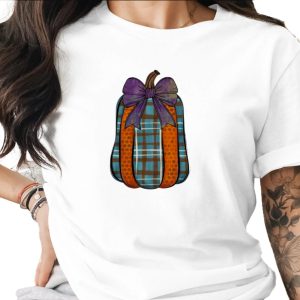 Plaid Pumpkin with Purple Bow Sublimation DTF Digital Download PNG, Fall Autumn Decor Clipart, Cozy Farmhouse Thanksgiving Transfer Art