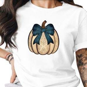 Vintage Damask Pumpkin PNG, Blue Bow Autumn Sublimation DTF Digital Download, Fall Harvest Crafting Graphic, Thanksgiving Art