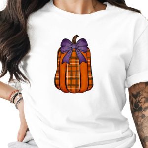 Plaid Pumpkin Sublimation DTF Digital Download PNG, Watercolor Fall Autumn Halloween Thanksgiving Purple Bow Farmhouse Rustic Decor