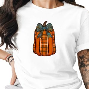 Plaid Pumpkin with Sunflower Bow Sublimation DTF Digital Download PNG, Autumn Fall Harvest Halloween Thanksgiving Decor Art