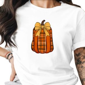 Autumn Plaid Pumpkin Sublimation DTF Digital Download PNG, Fall Farmhouse Harvest Clipart, Rustic Gourd With Bow Design