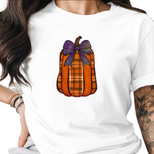 Plaid Pumpkin PNG with Purple Bow, Autumn Fall Halloween Sublimation DTF Digital Download, Rustic Farmhouse Harvest Decor