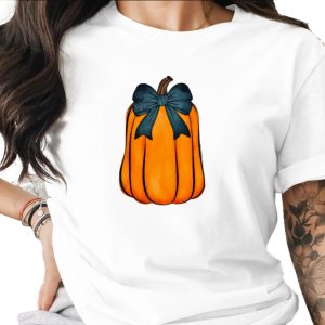Pumpkin with Teal Bow Sublimation DTF Digital Download PNG, Watercolor Fall Graphic, Halloween Decor Artwork, Autumn Gourd Design