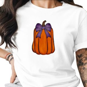 Watercolor Pumpkin with Purple Bow DTF PNG, Autumn Sublimation Design, Halloween Digital Download, Fall Craft PNG for Shirts Mugs Bags