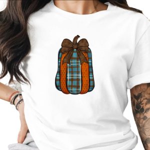 Rustic Plaid Pumpkin Sublimation Digital Download PNG, Fall Autumn Decor, Cozy Plaid Orange Blue Bow Pumpkin Design, Thanksgiving Ready