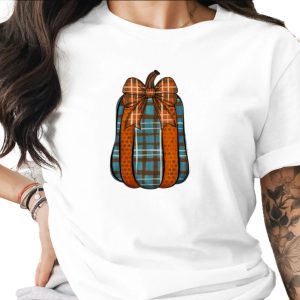 Plaid Pumpkin Sublimation Digital Download PNG, Fall Autumn Harvest Decor, Teal Orange Brown Gourd Design, Bow Polka Dot Art