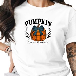 PUMPKIN Season Sublimation Digital Download PNG, Plaid Pumpkin with Blue Bow, Fall Autumn Harvest Graphic Design, Thanksgiving PNG File