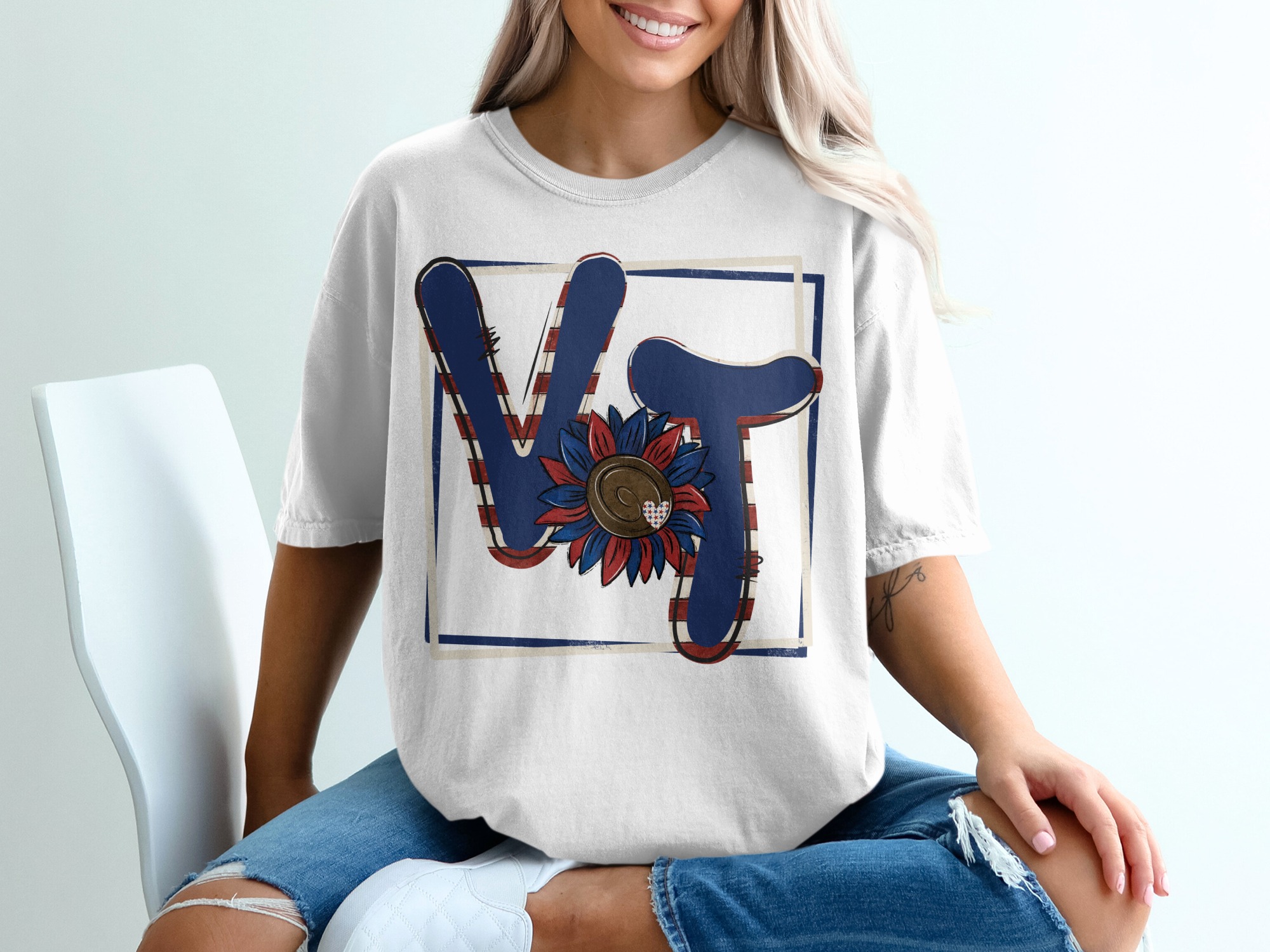 VT Sunflower T-Shirt, Red White Blue Shirt, Patriotic T-Shirt, USA Pride Tee, Summer Tee, Gift For Her, Patriotic Gift Tee
