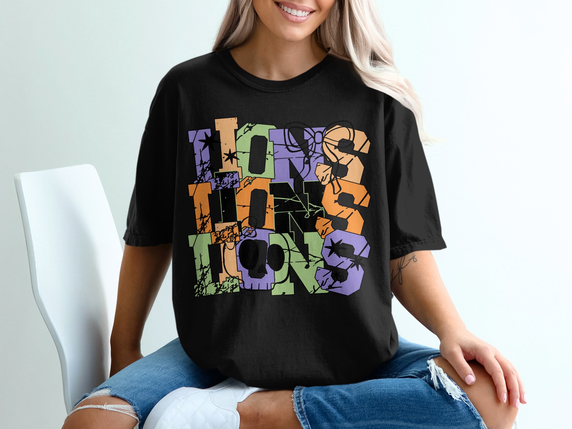 Halloween T-Shirt, Spooky Season, Skull, Stars, Festive, Trendy Design, Cute Bow, Colorful, Trick or Treat, Halloween Party, Unisex T Shirt - Image 2