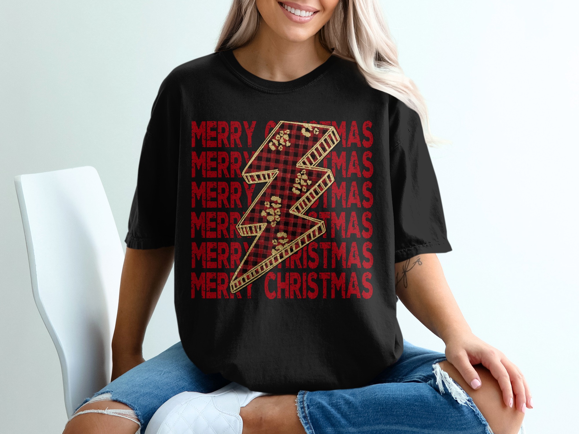 Merry Christmas T-Shirt, Plaid Lightning Bolt, Holiday Tee, Festive Christmas Design, Graphic Tee, Holiday Apparel, Christmas Outfit - Image 2