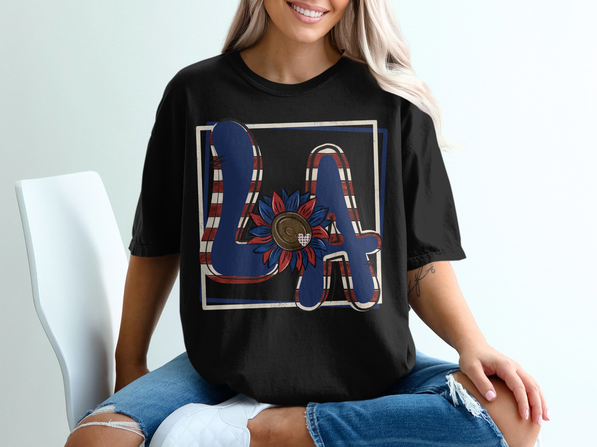 LA Sunflower T-Shirt, Patriotic Design, USA Theme Tee, Letter LA, American Flag, Summer Outfit, Gift Idea, Women T-Shirt, Girl T-Shirt - Image 2