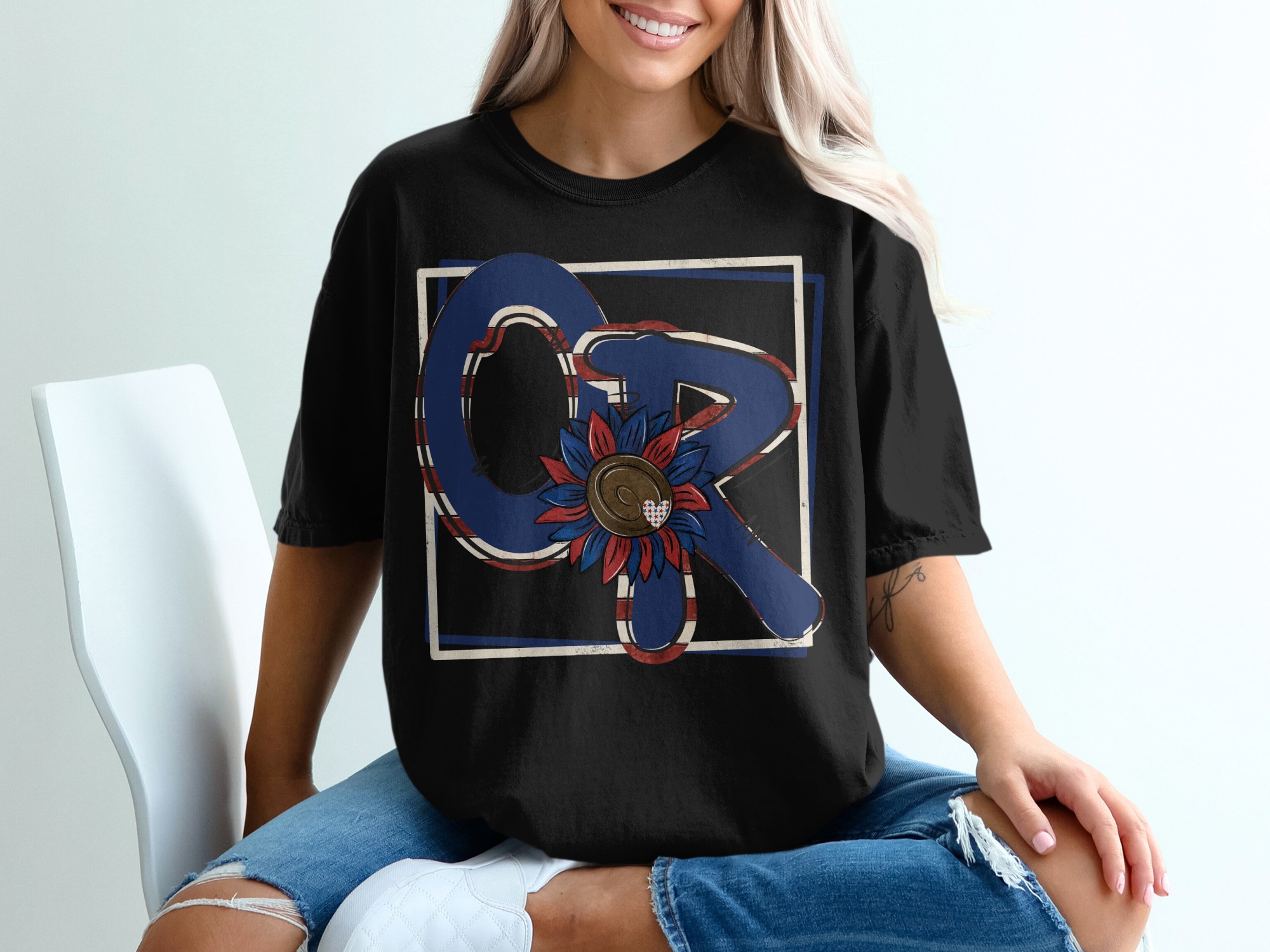 QR T-Shirt, Patriotic Sunflower T-Shirt, Initial T-Shirt, USA Flag T-Shirt, Red White and Blue T-Shirt, American Pride T-Shirt - Image 2