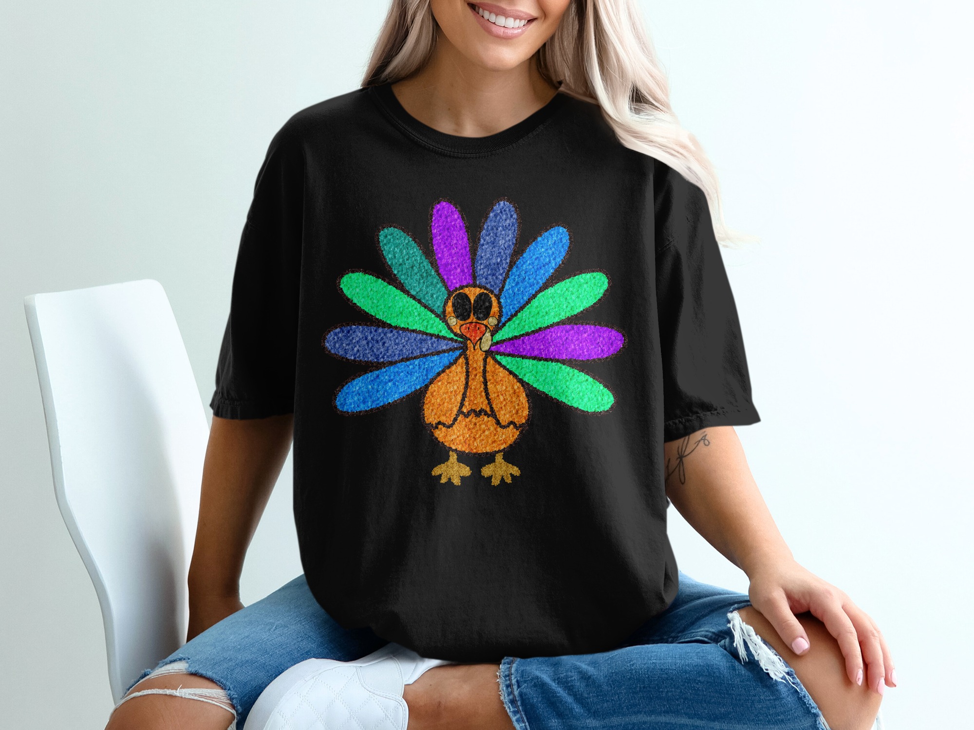 Colorful Turkey T-Shirt, Thanksgiving Tee, Cartoon Turkey Shirt, Fall Apparel, Holiday Gift, Cute Turkey Design, Festive Outfit - Image 2