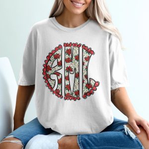 Floral Monogram T-Shirt, Christmas Poinsettia Letters Tee, Holiday Initials Shirt, Personalized Festive Apparel, Elegant Floral T-Shirt
