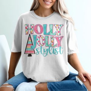 Holly Jolly Stylist T-Shirt, Christmas Tree Shirt, Festive Stylist Gift, Holiday T Shirt, Stylist Apparel, Cheerful Christmas Shirt