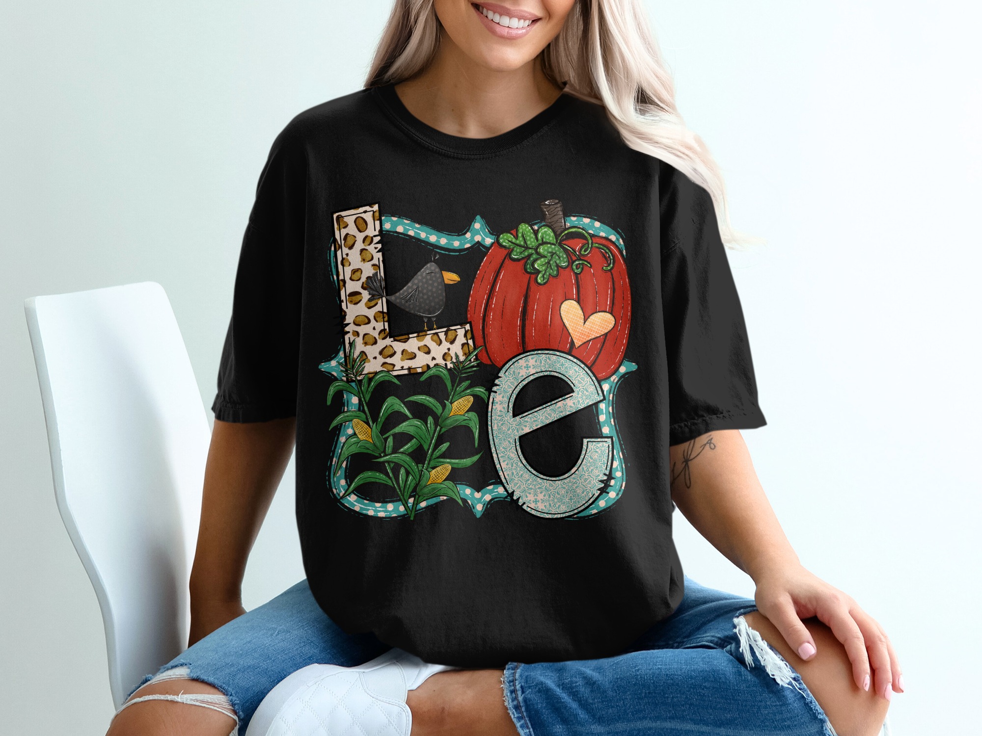 Fall Love T-Shirt, Pumpkin Patch, Crow, Corn, Autumn Apparel, Cute Thanksgiving, Seasonal Shirt, Harvest T Shirt, Printed Tee - Image 2