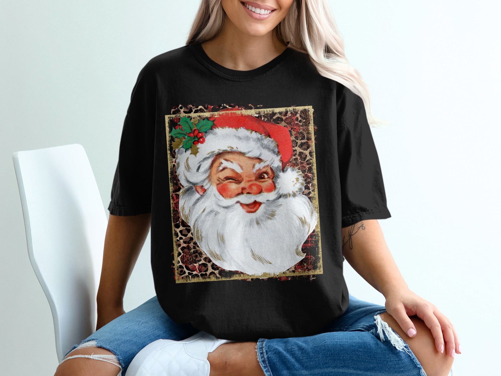 Winking Santa T-Shirt, Christmas Shirt, Holiday Tee, Festive Apparel, Vintage Santa, Leopard Print, Holiday Season, Gift Idea - Image 2