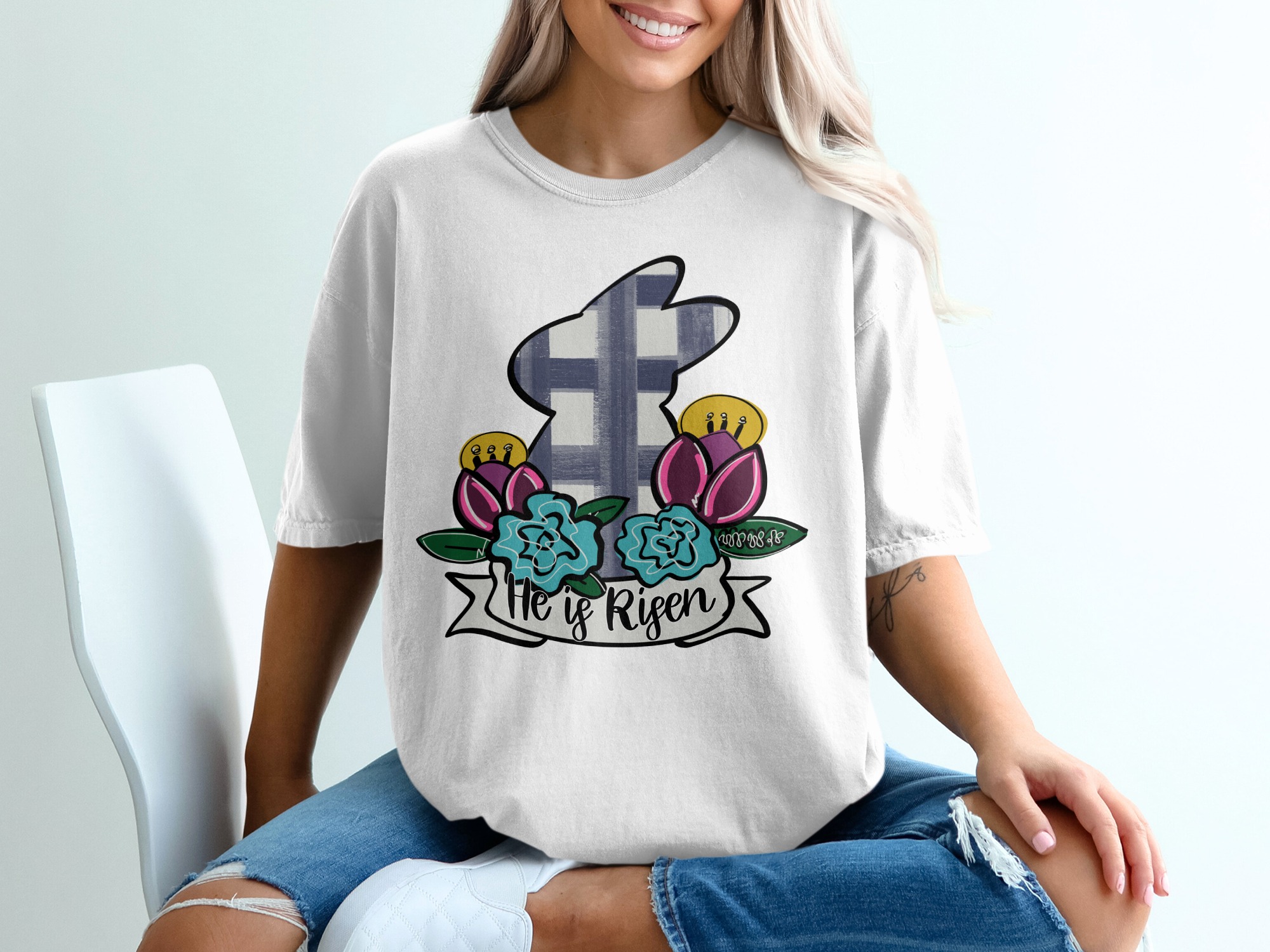 Easter Bunny T-Shirt, He Is Risen Shirt, Floral Easter Tee, Religious Easter Gift, Plaid Bunny Shirt, Christian Shirt, Easter Outfit