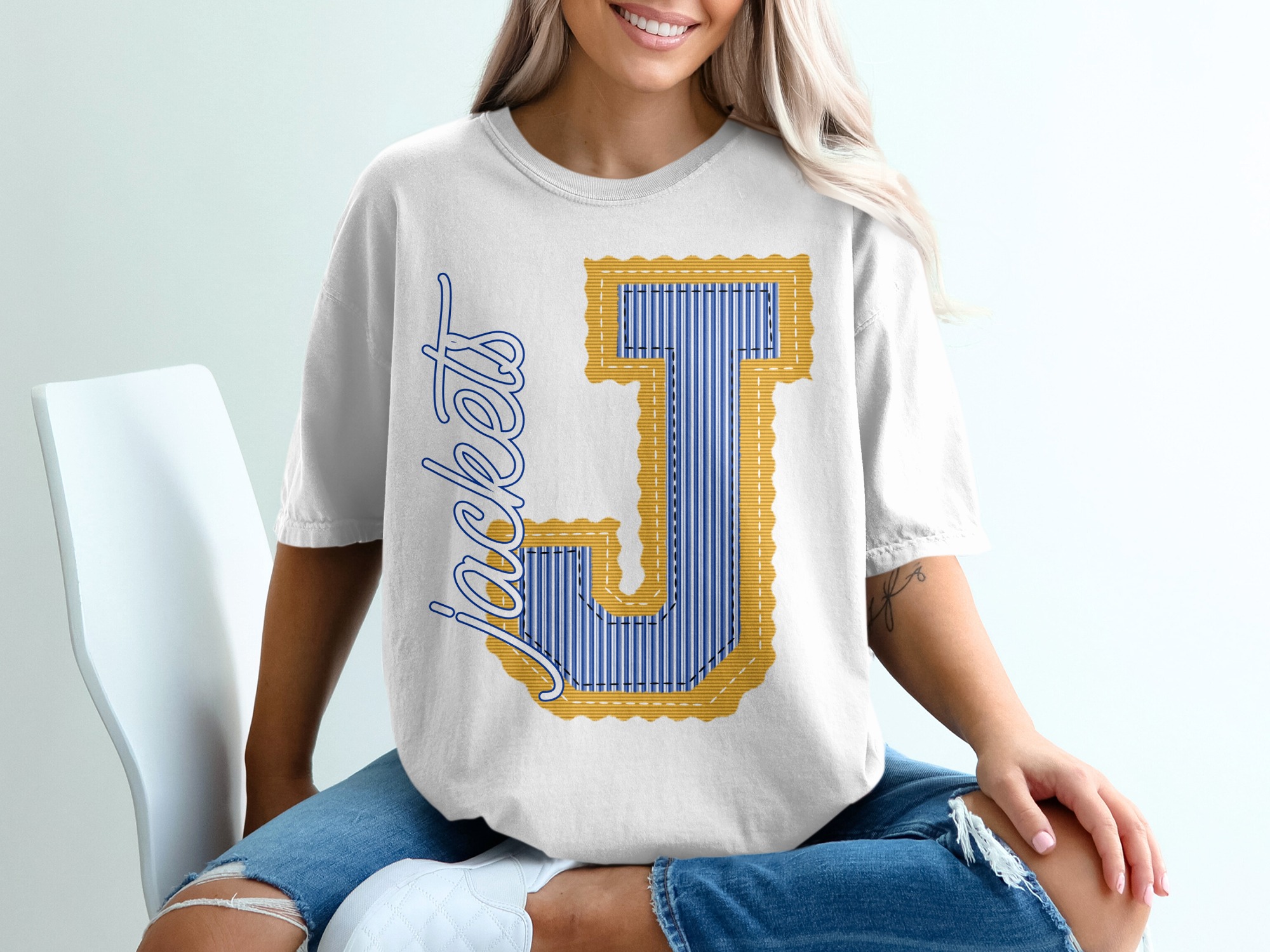 Jacket T-Shirt, Varsity Letter J Mascot, Seersucker Striped, Custom Colors, Change Your Colors, Personalized T-Shirt